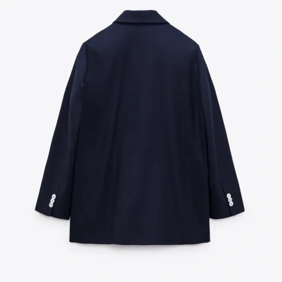 ZARA NAVY BLUE DOUBLE BREASTED LONG MINIMALIST BLAZER JACKET Medium - Picture 5 of 10